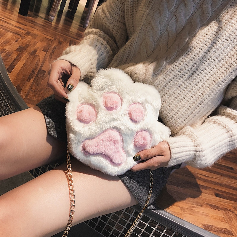 Cartoon herfst winter lief meisje casual pluche schattige kattenpoot metalen ketting crossbody tassen dames dame pluizige schoudertas populair  q5