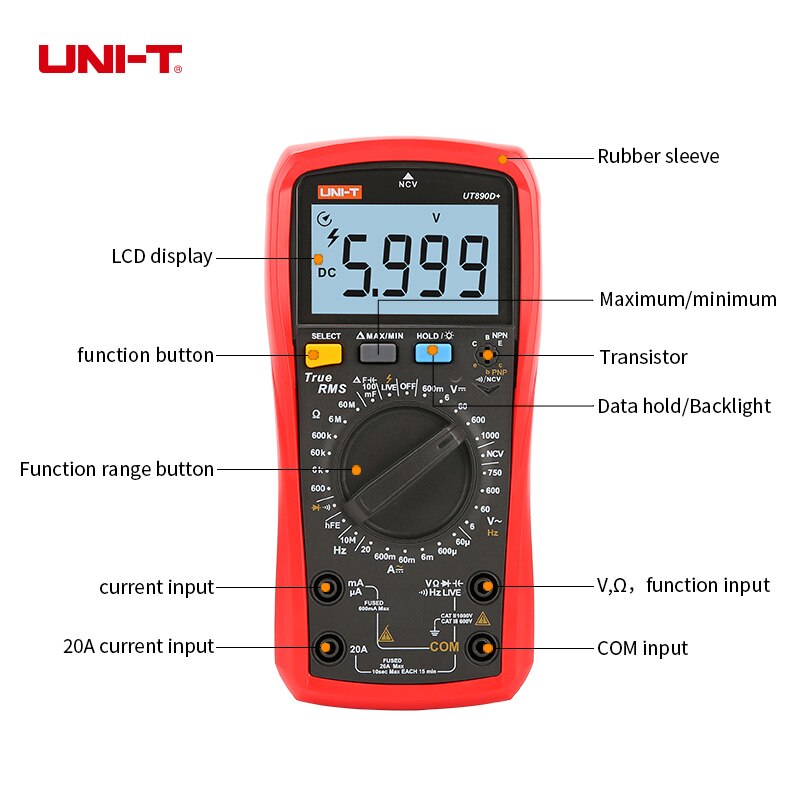 UNI-T UNI T Digital Multimeter True RMS UT890C UT890D+ Manual Range AC DC Frequency Capacitance Temperature Tester Backlight