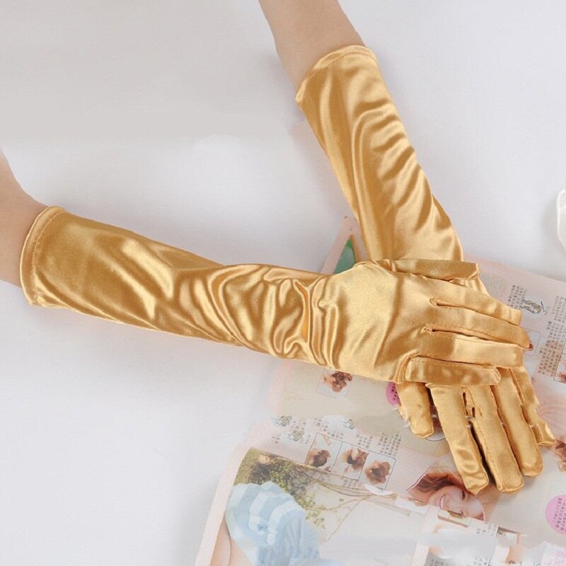 Blå grå guld gul rosa handskar för bal party one size stretch satin armbåge finger kvinnor guantes boda handskar  st017