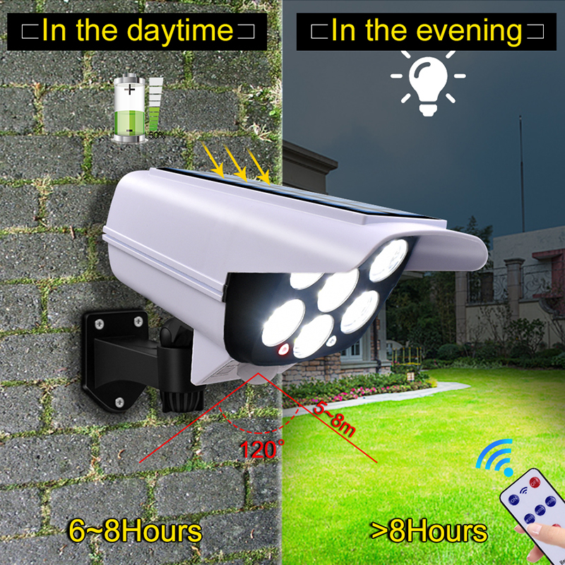 Sollys bevægelsesføler sikkerhed dummy kamera trådløs udendørs oversvømmelseslys  ip65 vandtæt 77 led lampe 3 tilstand til hjemmet haven