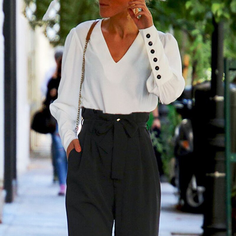 V-hals dames blouse shirts pofmouw knoop witte blouse zomer herfst dames shirt top dames kantoor chiffon blouse tops