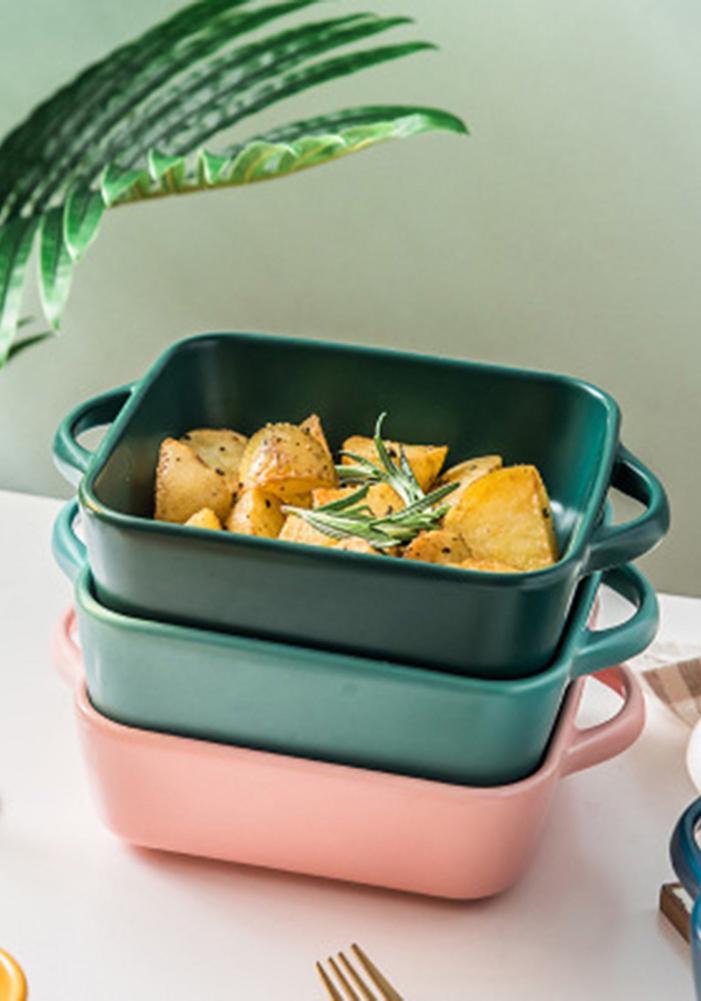 Ceramic Color Glaze Binaural Baking Dish Simple Pasta Baked Rice Dish Square Salad Deep Dish Oven Baking Utensils