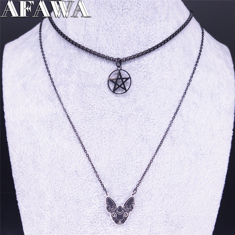 AFAWA Hexerei Pentagramm unbehaart Katze Edelstahl geschichtet Halskette Frauen Schwarz Farbe Halskette Schmuck gargantilla N3752S02