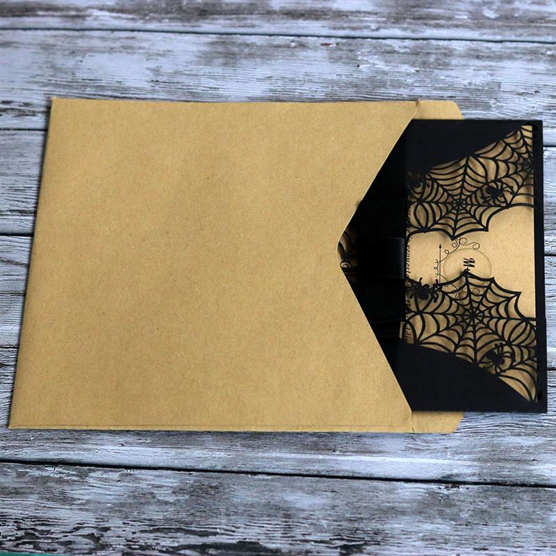 10 stk kuttet halloween invitasjonskort hule skrekkfestinvitasjoner kort edderkoppnettkort med bueknuter (svart)