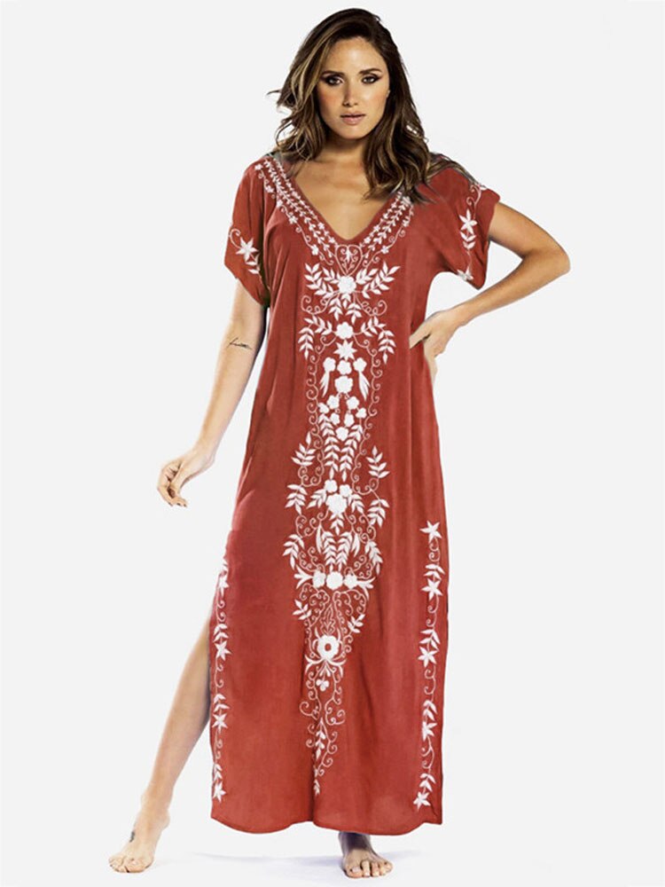 Beach Long Dress Oversized V Neck Short Sleeve Summer Dress Batwing Sleeve Embroidery Maxi Dress Loose Beach Cover Up: Red