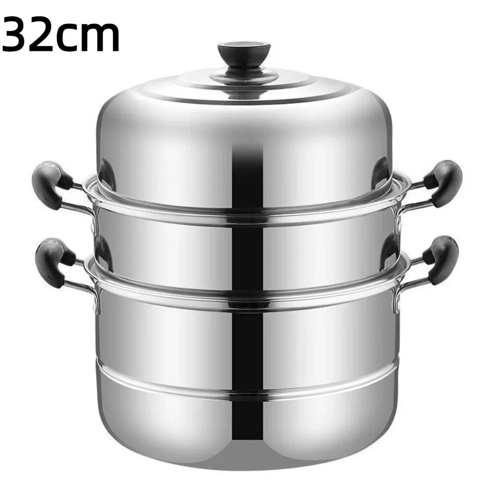Stainless Steel Steamer Cooker 26-34cm Thickened Soup Steam Pot 3 Layer Deepened Stockpot Cookware Induction Cooker Gas: Burgundy