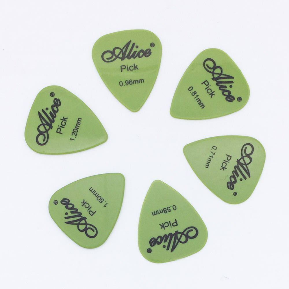 6 pieces Alice Guitar Picks in 1 Color Full Thickness 0.58 0.71 0.81 0.96 1.2 1.5 mm Black/White/Yellow/Red/Green/Blue/Orange: Green