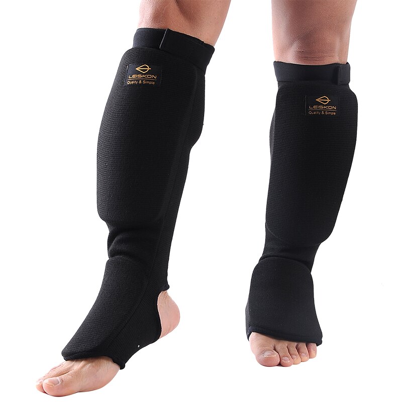 Parastinchi da boxe in cotone MMA collo del piede protezione della caviglia protezione del piede TKD Kickboxing Pad Muaythai Training protezioni per il supporto delle gambe: Black / L