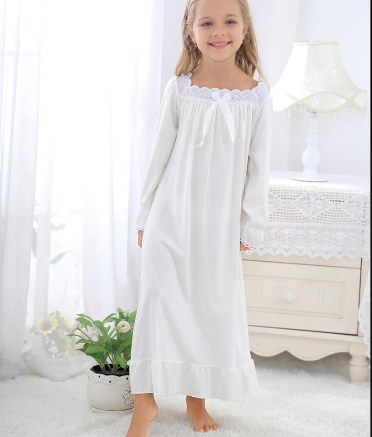 Camisón de algodón para niñas otoño blanco rosa lazo niñas camisón de manga larga niños ropa de cómodo ropa de casa: Marfíl / 8