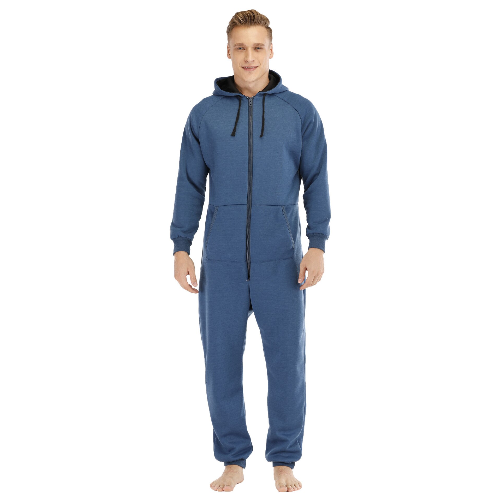 Ensemble pyjama épais pour homme, vêtements d'hiver, manches longues, capuche, fermeture éclair à l'avant, doublure polaire, tenue longue: Royal Blue / XL