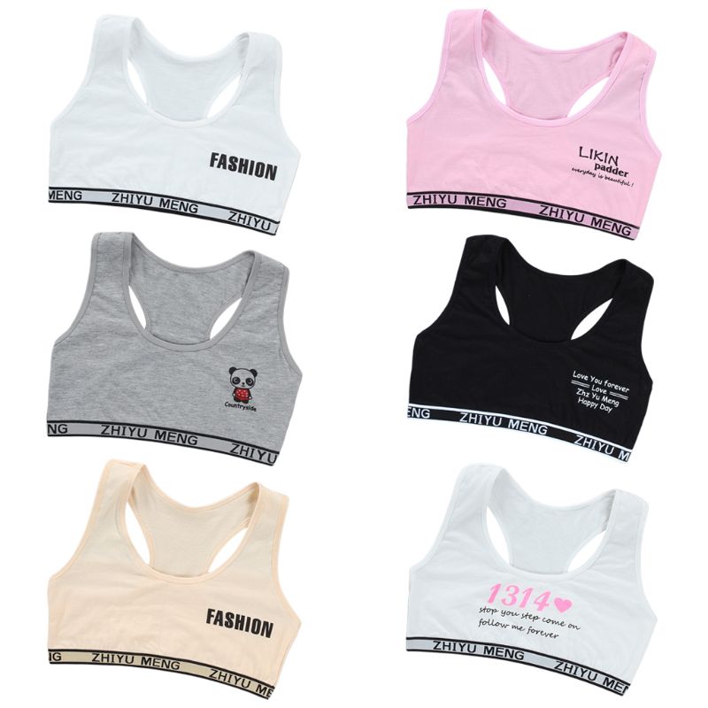 Junior Girl Racerback Cotton Sport Training Bra Letter Print Solid Color Wide Strap Underwear Bralette Seamless Layered Crop Top