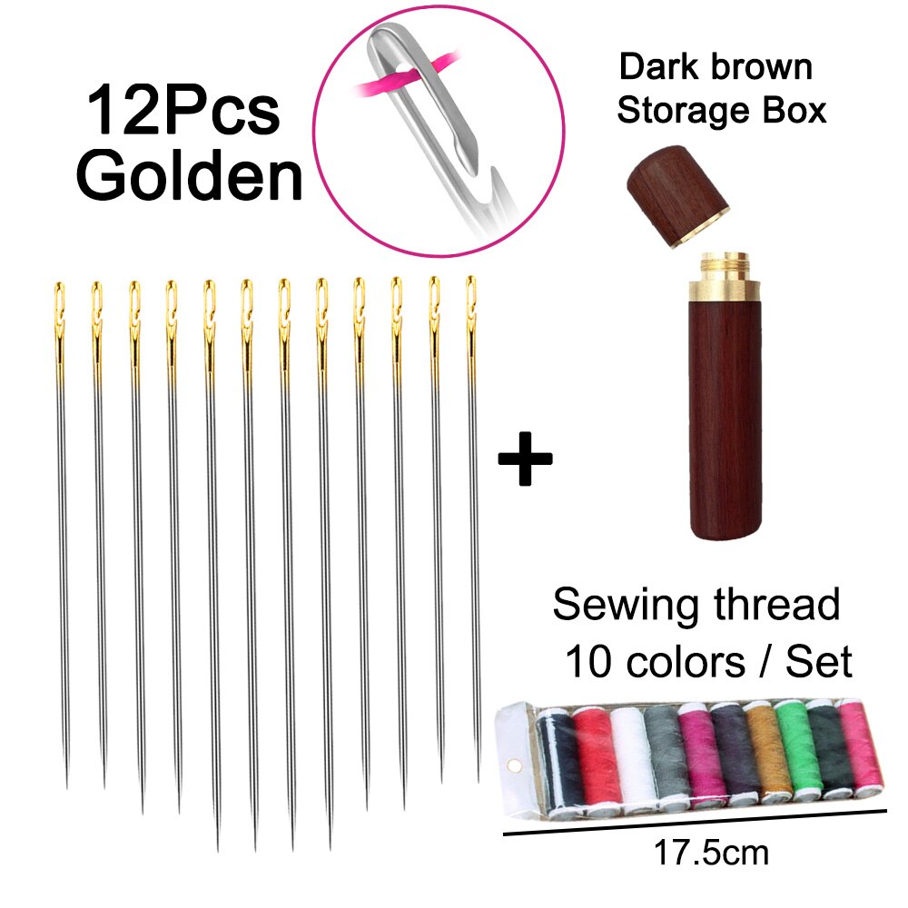 12Pcs/set Elderly Stainless Steel Needle-side Hole Blind Needle Household Sewing Hand Sewing Needles Threading Apparel Sewing: Golden A Set 4