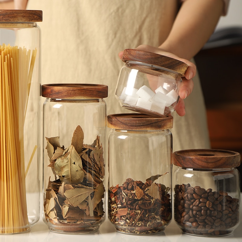 Frascos de vidrio sellados con tapas de bambú para café, Navidad, dulces, galletas, botellas de almacenamiento a prueba de humedad, recipientes de vidrio resistentes al calor