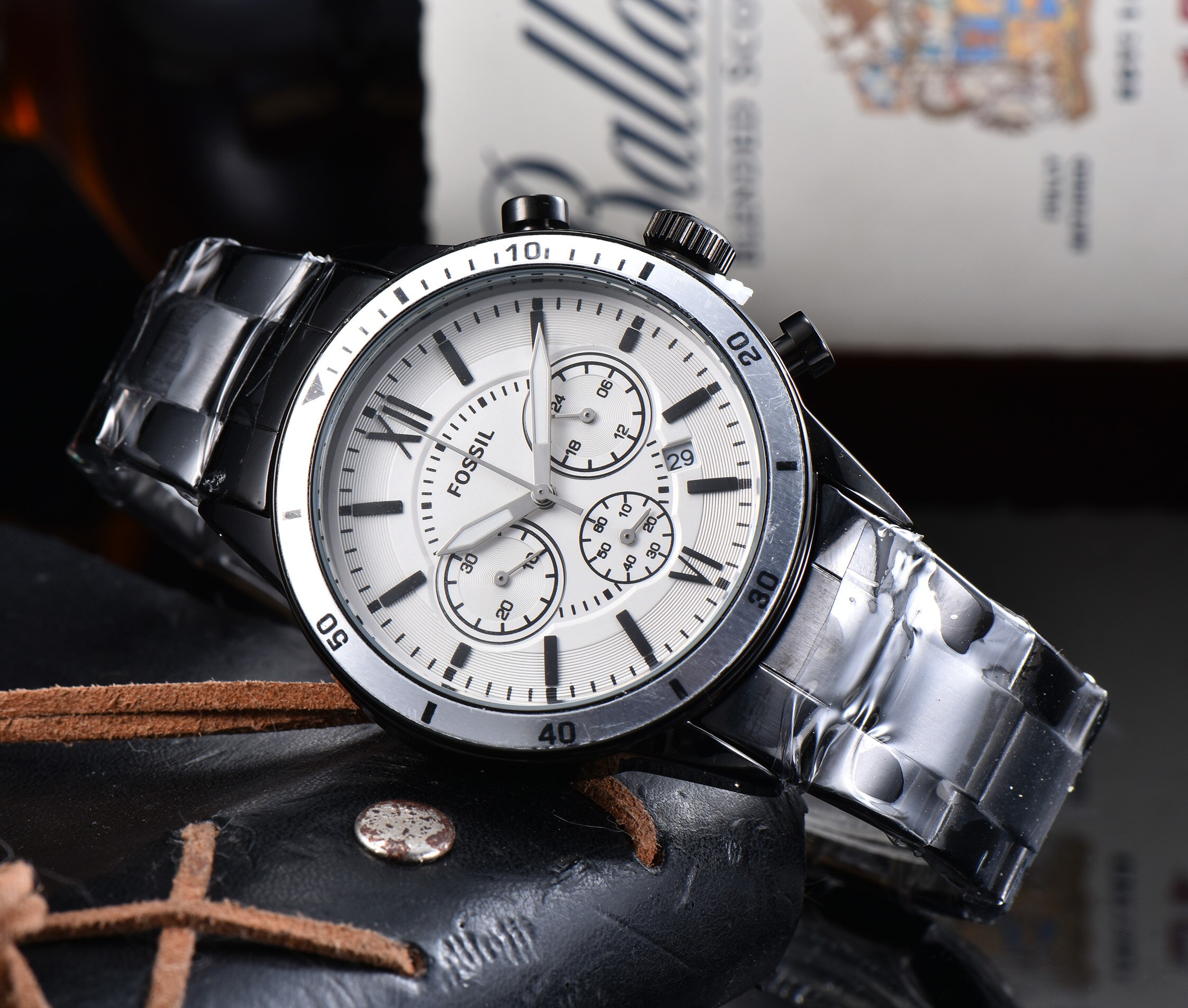 Fossil relógio masculino cronógrafo médio e preto aço inoxidável relógio masculino topo da marca de luxo: 4