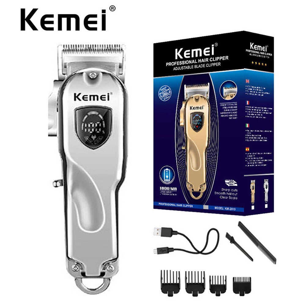 Kemei barbershop haartrimmer set 0mm trimmer elektrisch scheerapparaat finish machine set snoerloos/met snoer li-ion clip: Km2010 zilveren doosjes / Eu-stekker
