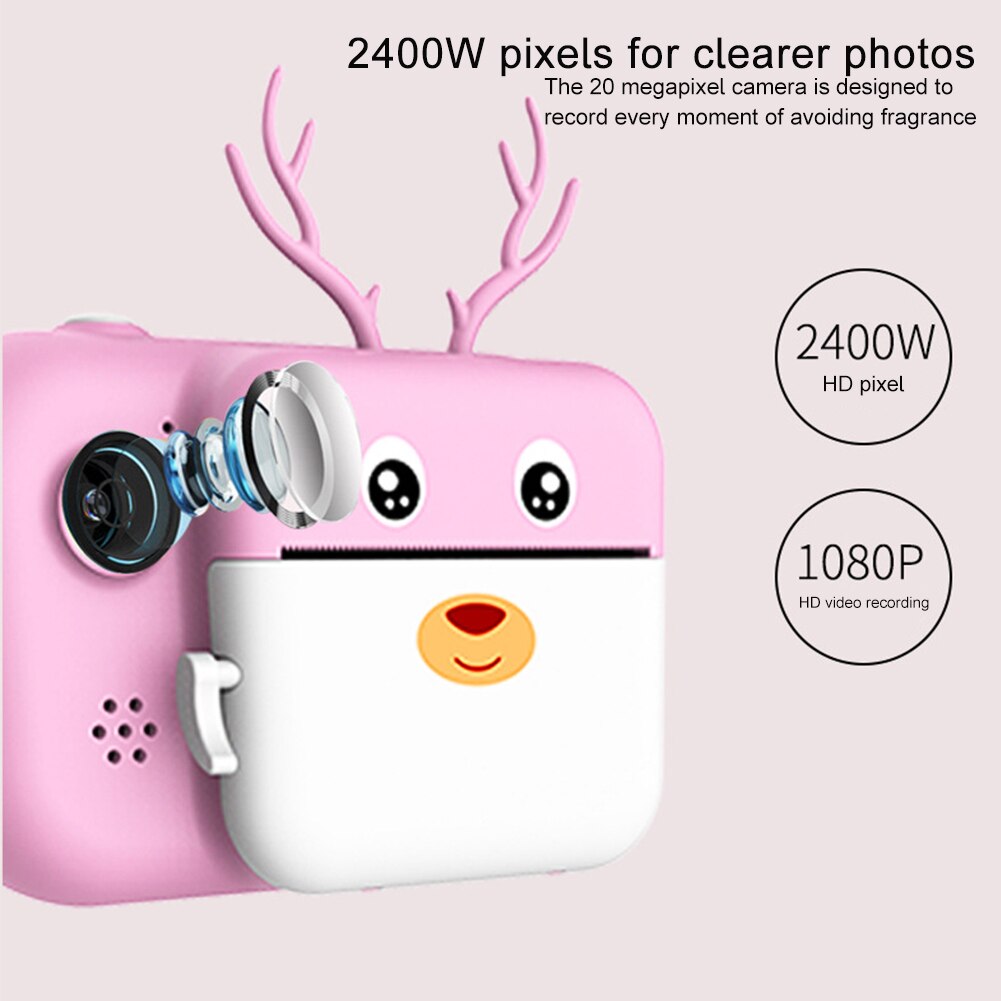 16G 2.4inch Screen Travel 1080P HD Video 24MP Instant Print Camera Selfie USB Rechargeable Cute Antler For Kids Zero Ink Digital