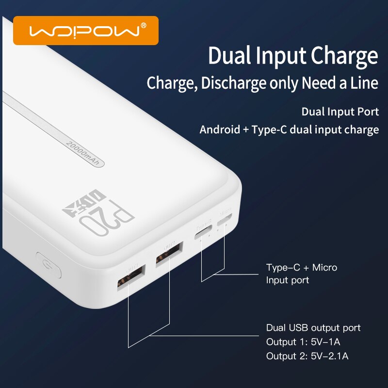 WOPOW Energie Bank 20000 mah Tragbare Ladegerät Poverbank praktisch LED Externe Batterie Ladegerät Energie 20000 mAh für Xiaomi