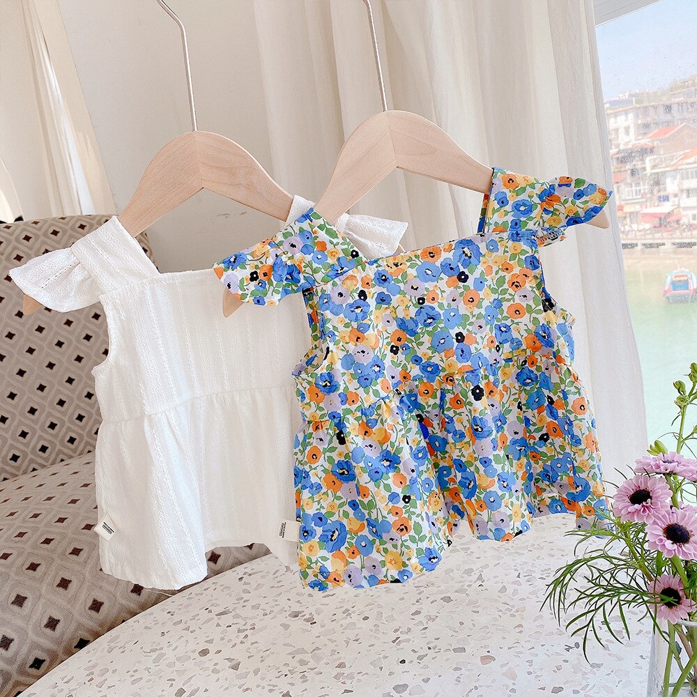 2021 verão bebê meninas floral sem mangas blusas criança crianças quadrado pescoço solto topos