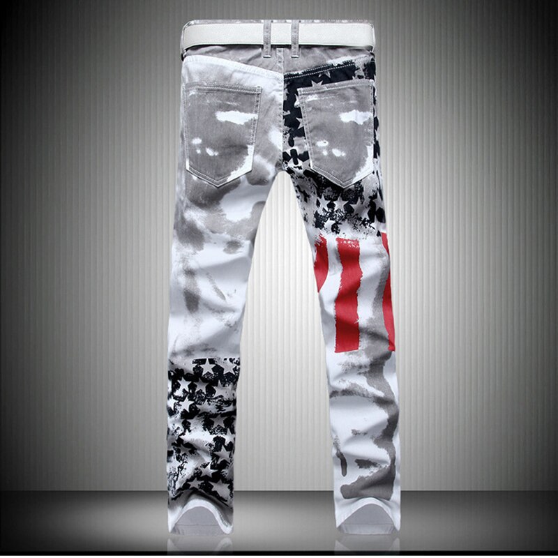 Biker jeans mænds denimbukser med hvidt mønster med høj elasticitet slanke bukser til mænd plus størrelse 42