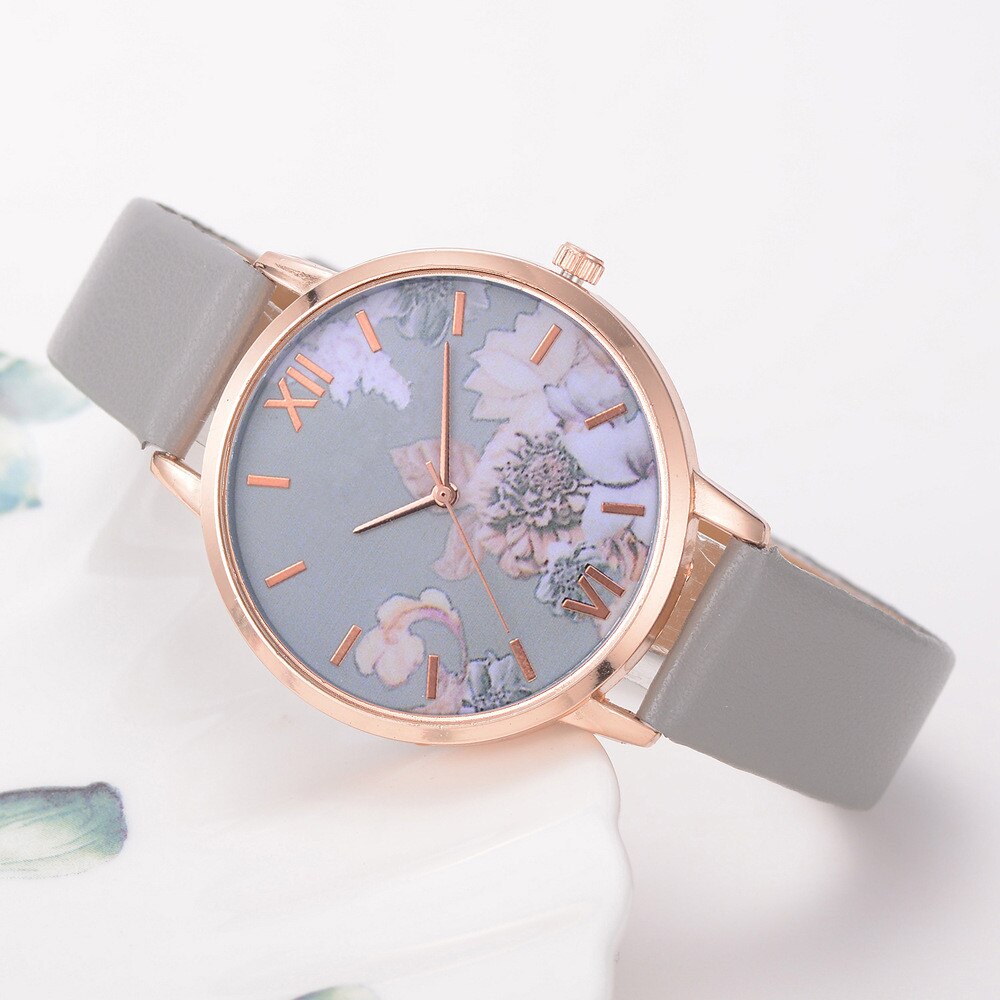 1 Pc Dames Horloges Vrouwen Gedrukt Bloem Polshorloge Luxe Casual Quartz Lederen Polshorloge Mode Vrouwelijke Jurk Klok: Gray