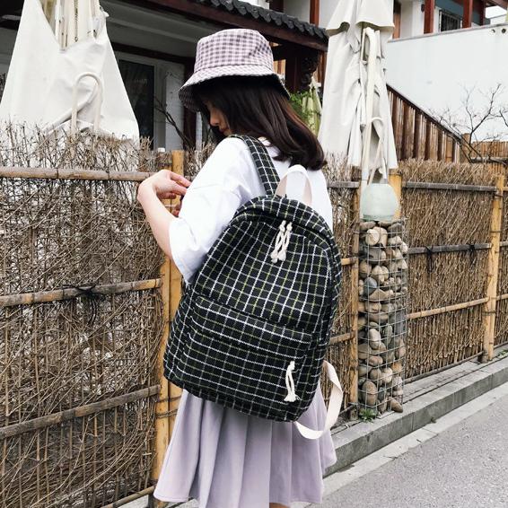Conjunto de 2 Mochilas de lona con estampado A cuadros para mujer, bandoleras de lona para adolescentes, Mochilas escolares para chicas: Black  1set