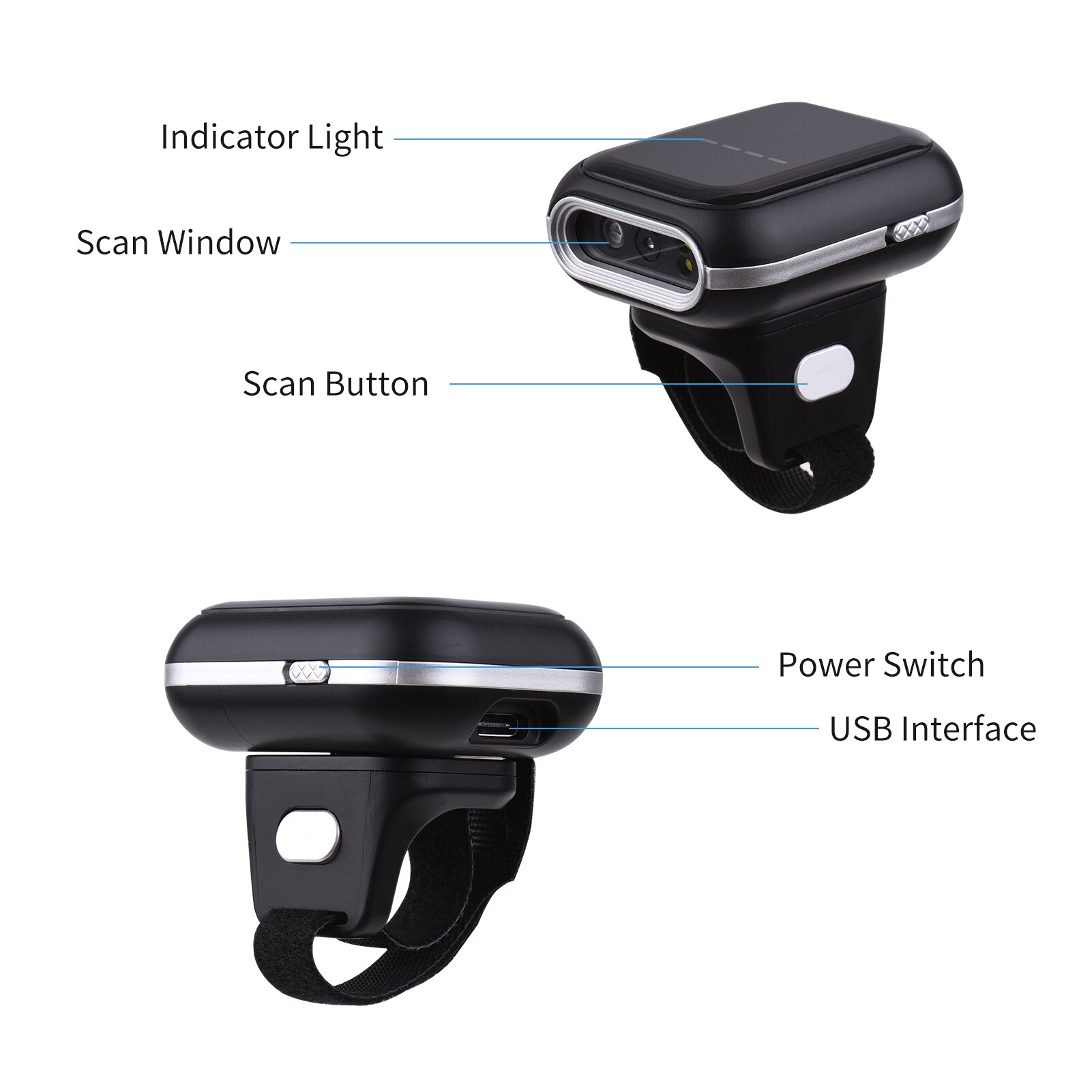 Aibecy 2D Ring Barcode Scanner Draagbare Bt Draadloze Wearable 270 ° Rotatie Compatibel Windows Mac Android Ios Voor Supermarkt