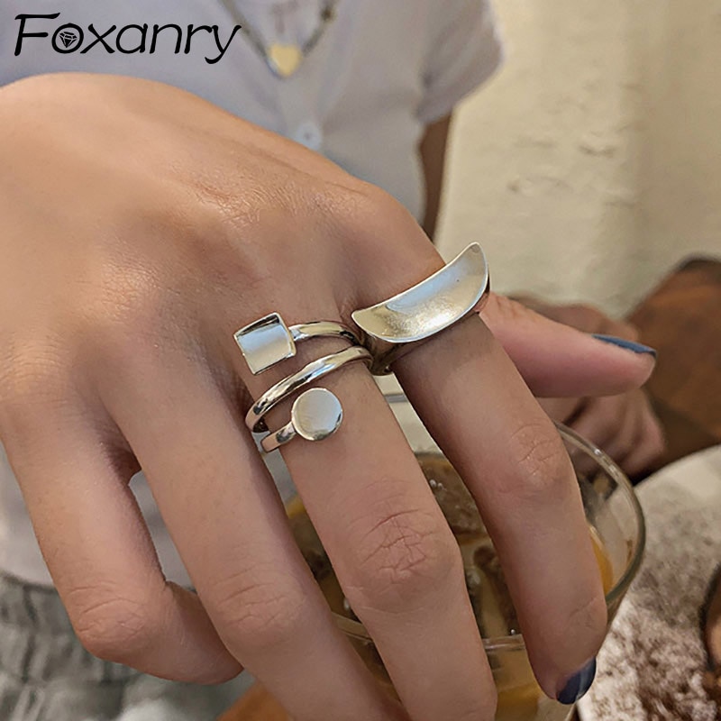 Foxanry Vintage Handmade 925 Sterling Silver Smooth Rings for Women Couples INS Simple Geometric Bride Jewelry