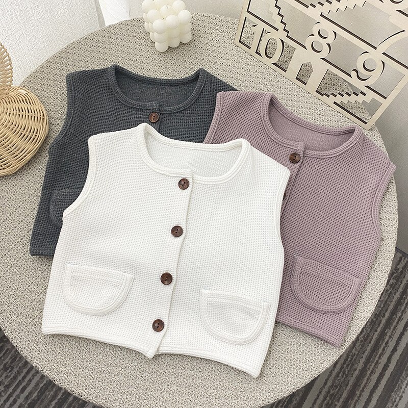 2021 nova criança bebê colete para a menina sólido waffle sem mangas cardigan primavera outono algodão crianças roupas meninos trajes