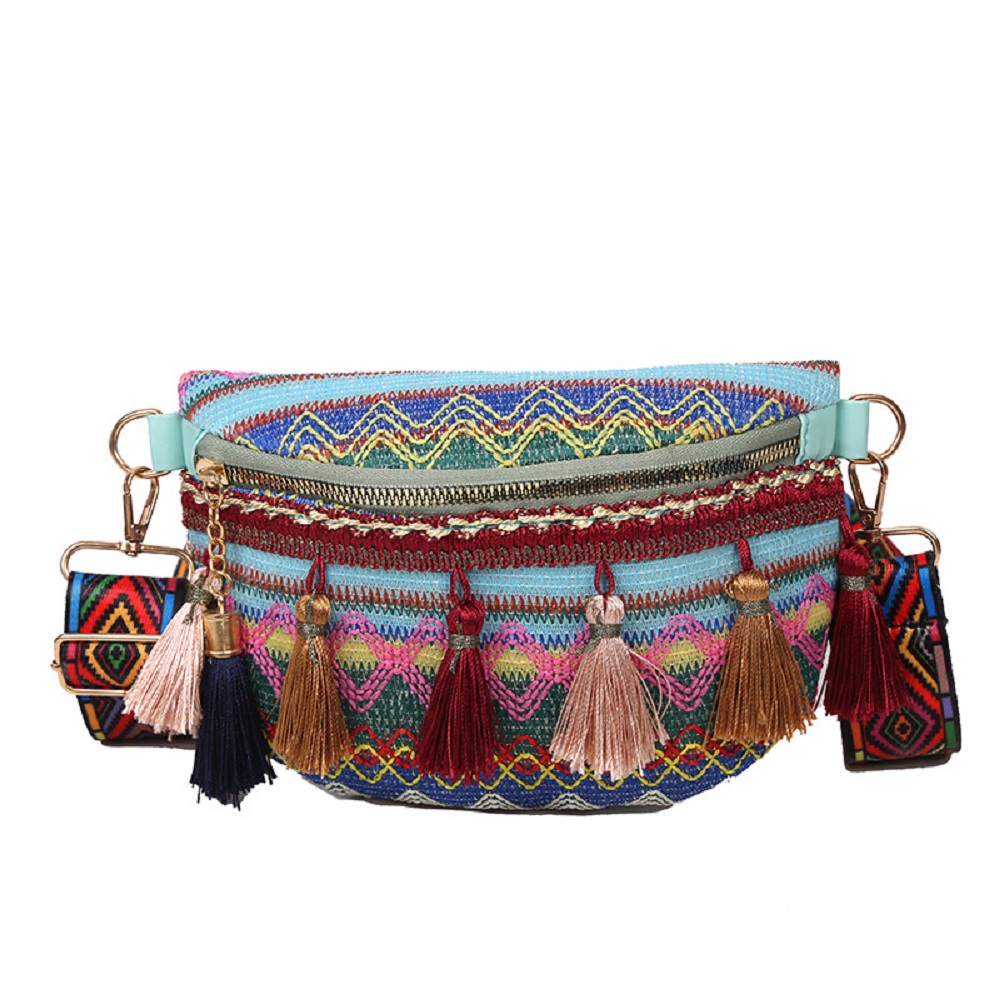Dame boheme fanny pack kvinder piger crossbody pung broderi boho talje pung bum taske med kvast: Himmelblå