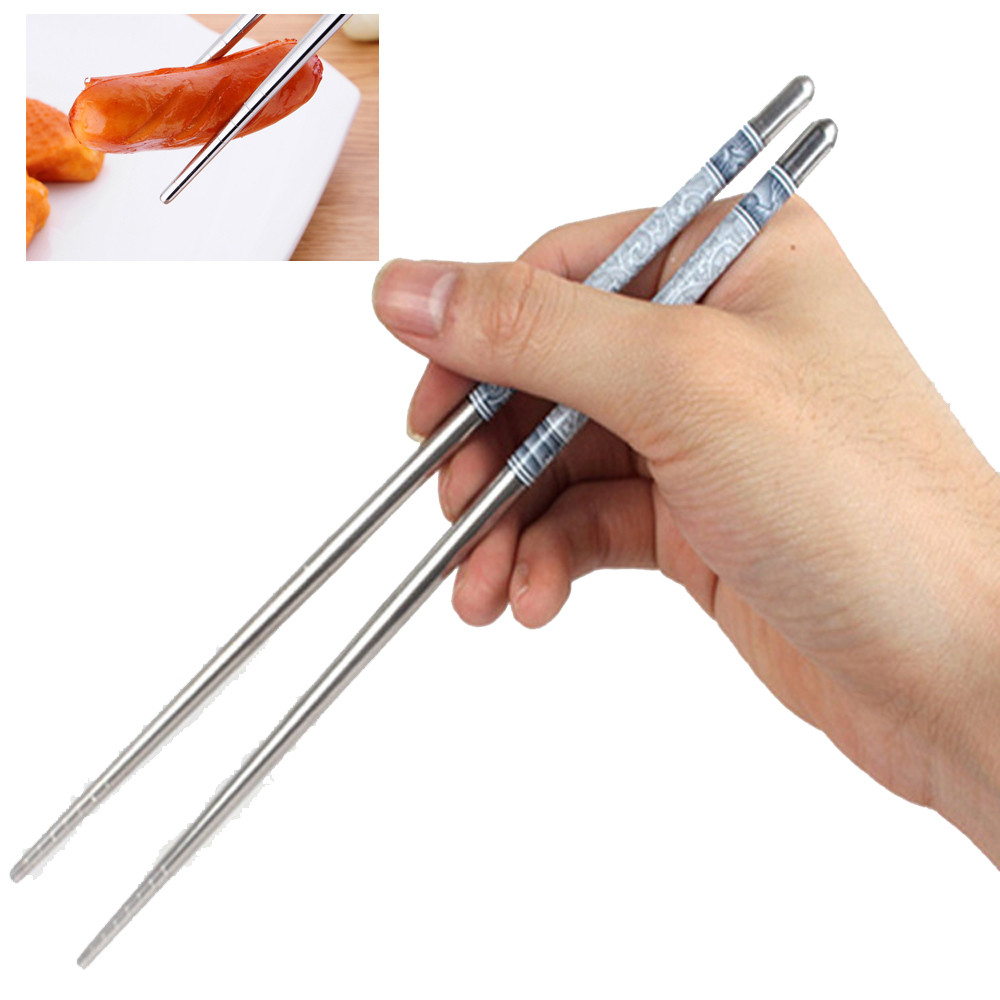 1Pair Chopsticks Length White Flower Pattern Stainless Steel Chopsticks Pair Chinese Garden Home