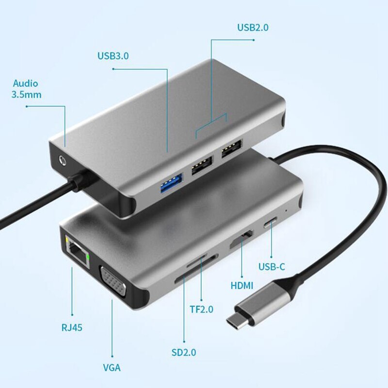 Usb Type C Hub Type-C Naar Hdmi 4K Vga Adapter RJ45 Lan Ethernet Sd Tf USB-C 3.0 type C 3.5Mm Jack Audio Video Voor