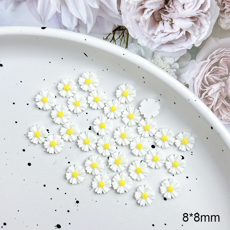50 Uds. De Mini dijes de margaritas de resina 3D para uñas, flores blancas, decoración artística de uñas de verano, accesorios de manicura DIY, manualidades: Blanco