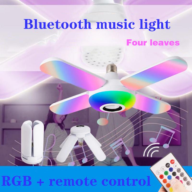 💡50W E27 Rgb Smart Bluetooth Muziek Plafondlamp Led 4 Bladeren Vervormd Gloeilamp Led Fan Garage Licht Vouwen lamp