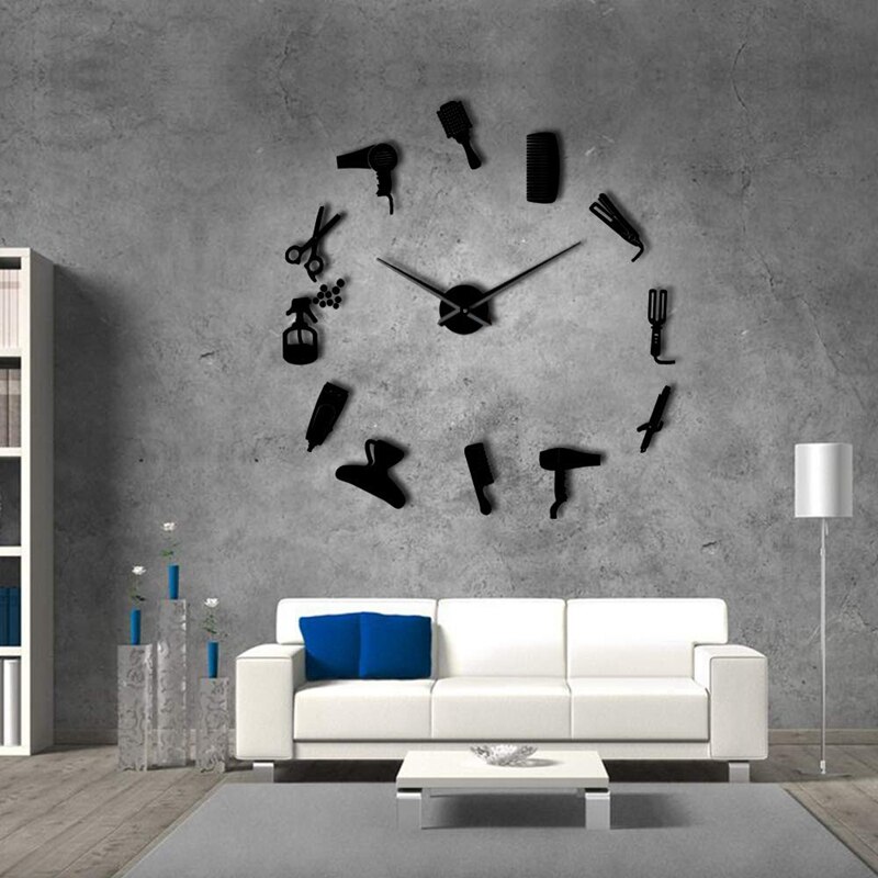 Diy Kapper Giant Wandklok met Spiegel Effect Kapper Toolkits Decoratieve Frameloze Klok Horloge Kapper Kapper