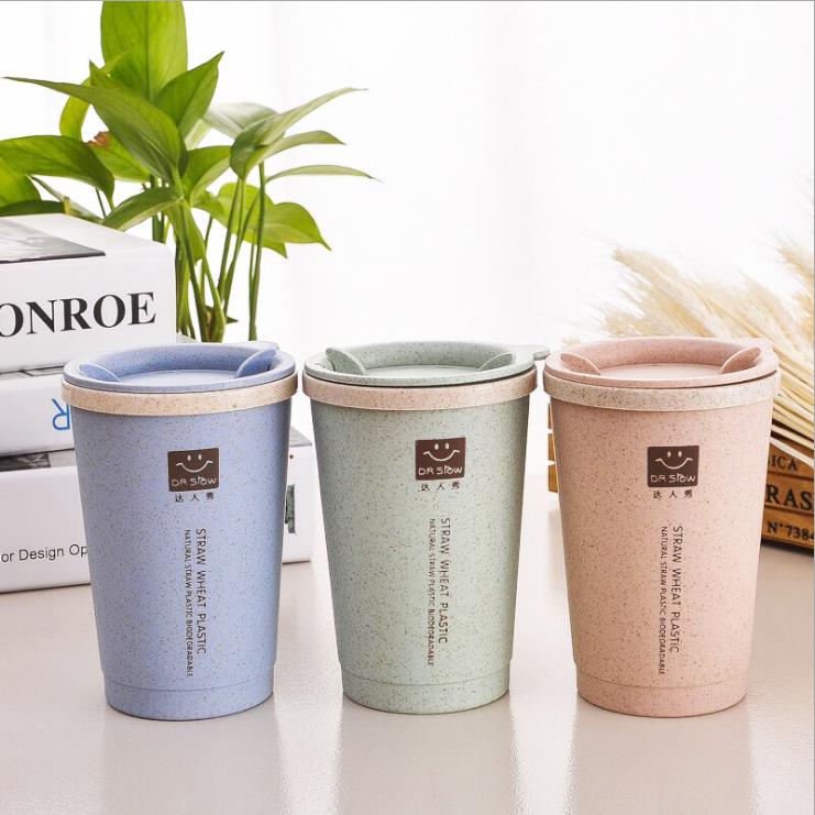 280ML Double-wall Insulation Wheat Fiber Straw Coffee Cup Travel Mug Leakproof plastic cups with lids tea cup cute coffee cup b