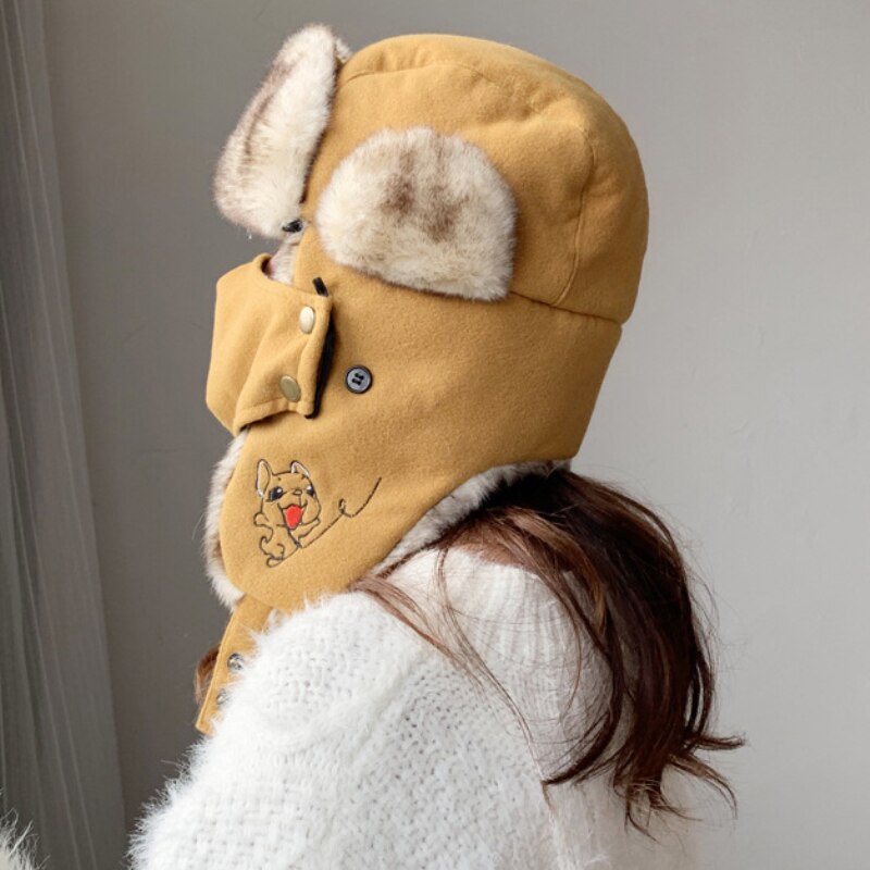 HT2876 gorro ruso grueso y cálido para mujer, gorro de Invierno para mujer, gorro con orejeras, gorro de esquí para nieve, máscara de mujer, gorro de piel Ushanka, sombrero de bombardero para mujer