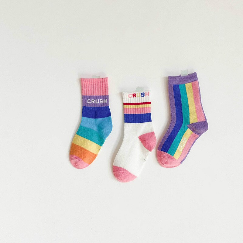 3 Paren/partij Kinderen Sokken Lente Koreaanse Mode Regenboog Strip Baby Sokken Kids Jongens Meisjes Katoen Sport Sokken: Roze / 3-5T