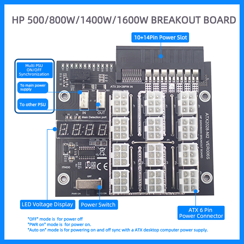 Upgrade ATX 10 + 14PIN Power Slot NAAR 12x 6Pin Voeding Breakout Board Adapter Converter 12V voor HP PSU en BTC Mijnbouw