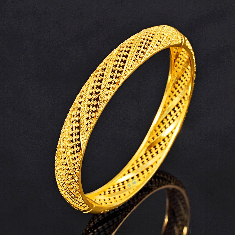 Wide Ethiopian Muslim Bangle Women Gold Color Dubai Bride Wedding Turkish Bracelet African Arab Hollow Jewelry