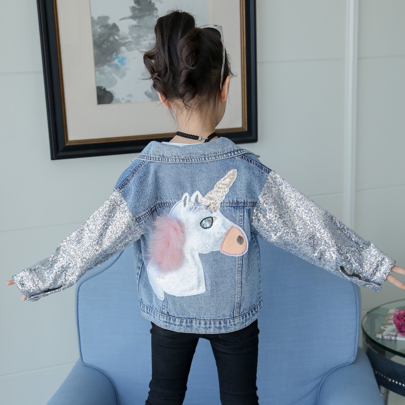 Eenhoorn Meisjes Jassen Sequin Cowboy Stijl Tieners Bovenkleding Borduurwerk Mode Meisjes Jas Kinderkleding Kids Jean Jas