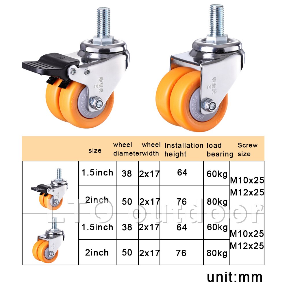 1.5/2Inch Zware Dubbele Rij Wiel Industriële Wiel Nylon Wiel Universele Caster Meubelen Caster Woonaccessoires