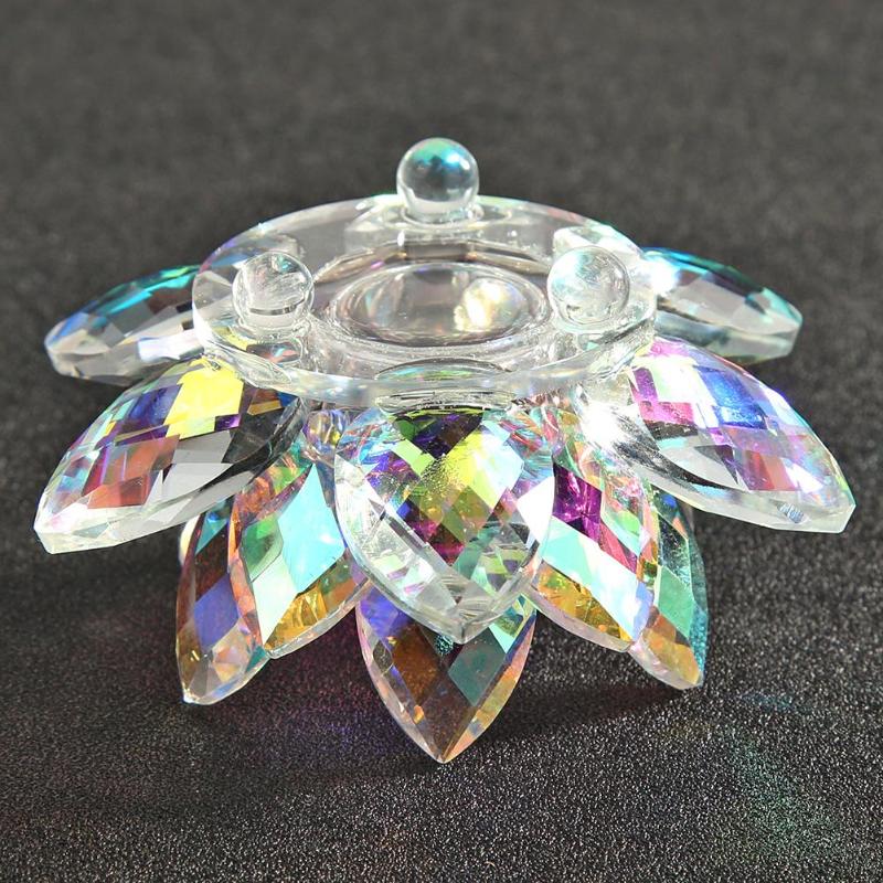 Suporte de vela de lótus transparente colorido cristal rack castiçal ornamento presente casa templo budista decoração