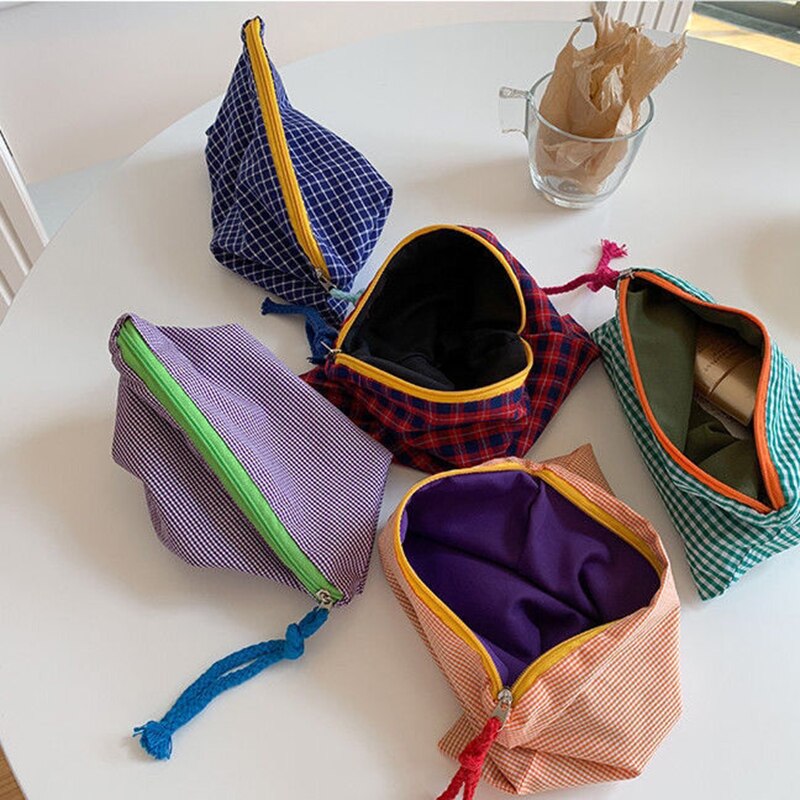 Korea simple contrast color plaid cosmetic bag travel portable large capacity cotton cosmetic storage bag Travel accessories