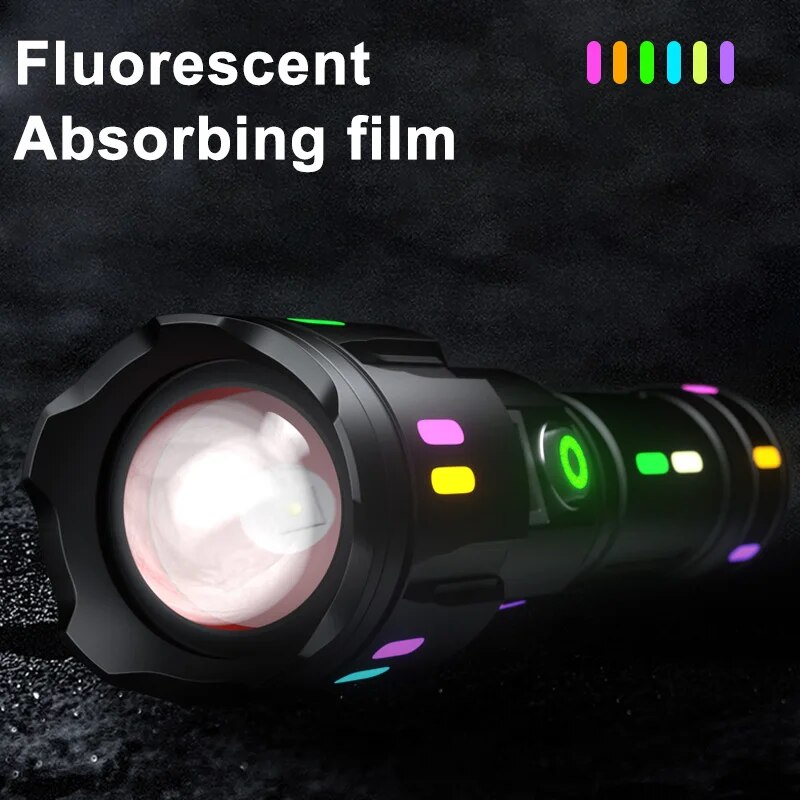 Hochleistungs-Scheinwerfer, LED-Taschenlampe mit großer Reichweite, fluoreszierende absorbierende Folie, leuchtende bunte Zoomen-Taschenlampe, Camping-Notfall