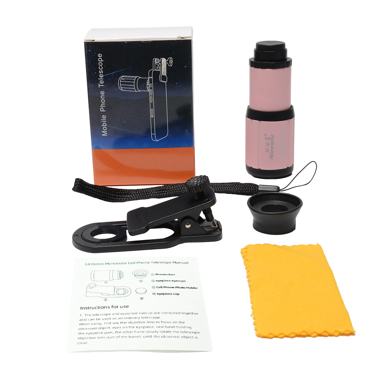 HD 6X Telefonobjektiv Kamera Telezoom Monokular Teleskop Teleskopfokus Kompaktes Min-Objektiv + SelfieTripod für alle Smartphones: Rosa