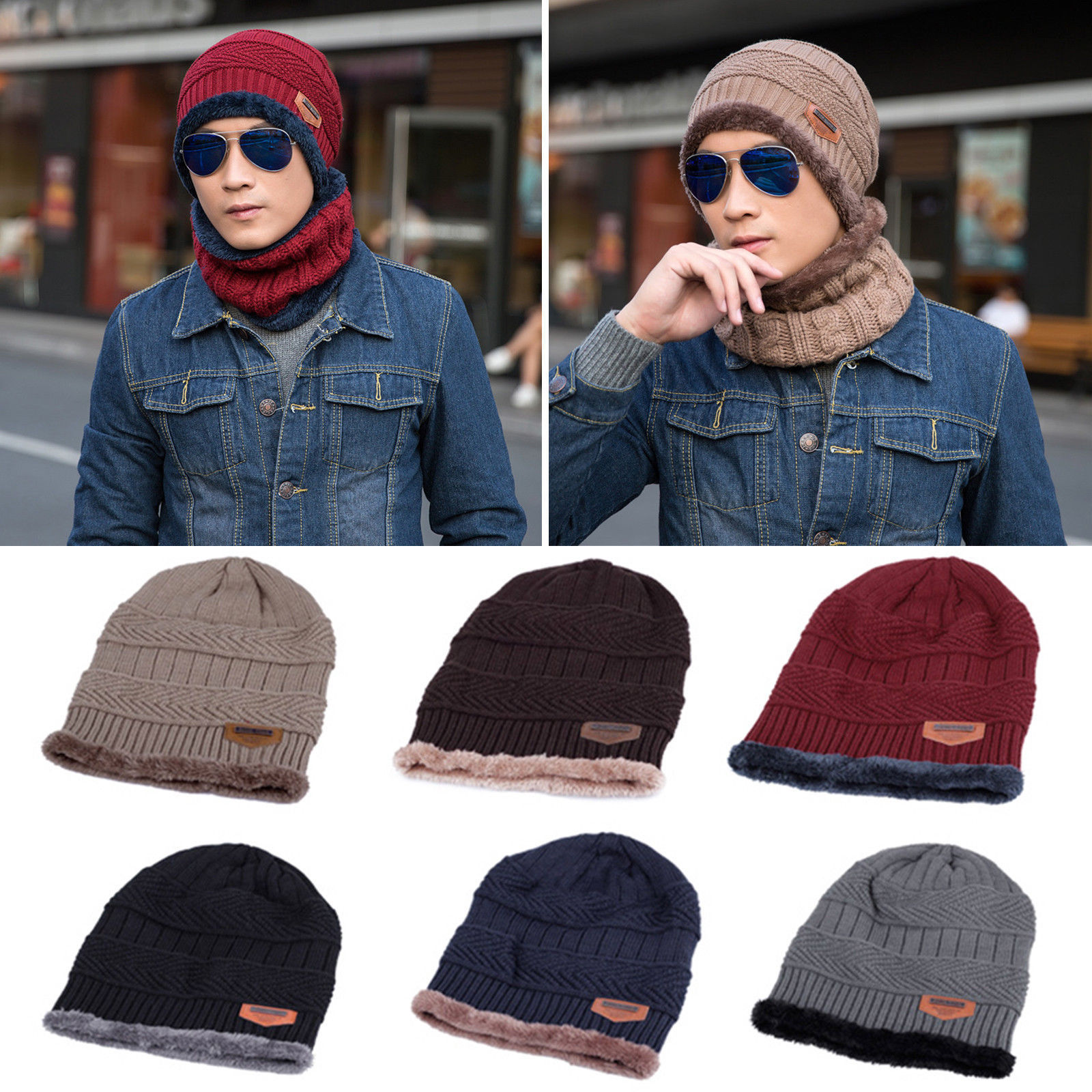 Stijl Mode Mannen Patchwork Winter Warm Haak Knit Baggy Beanie Wol Schedel Hoed Ski Cap Sjaal Set