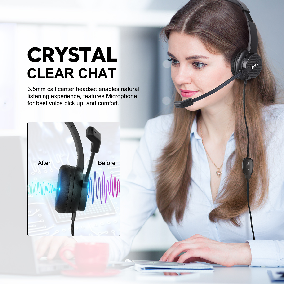 EKSA H12 Office Headset On-Ear 3.5mm Wired Computer Headphones with Microphone Call Center Headsets Gamer for PC Laptop Skype