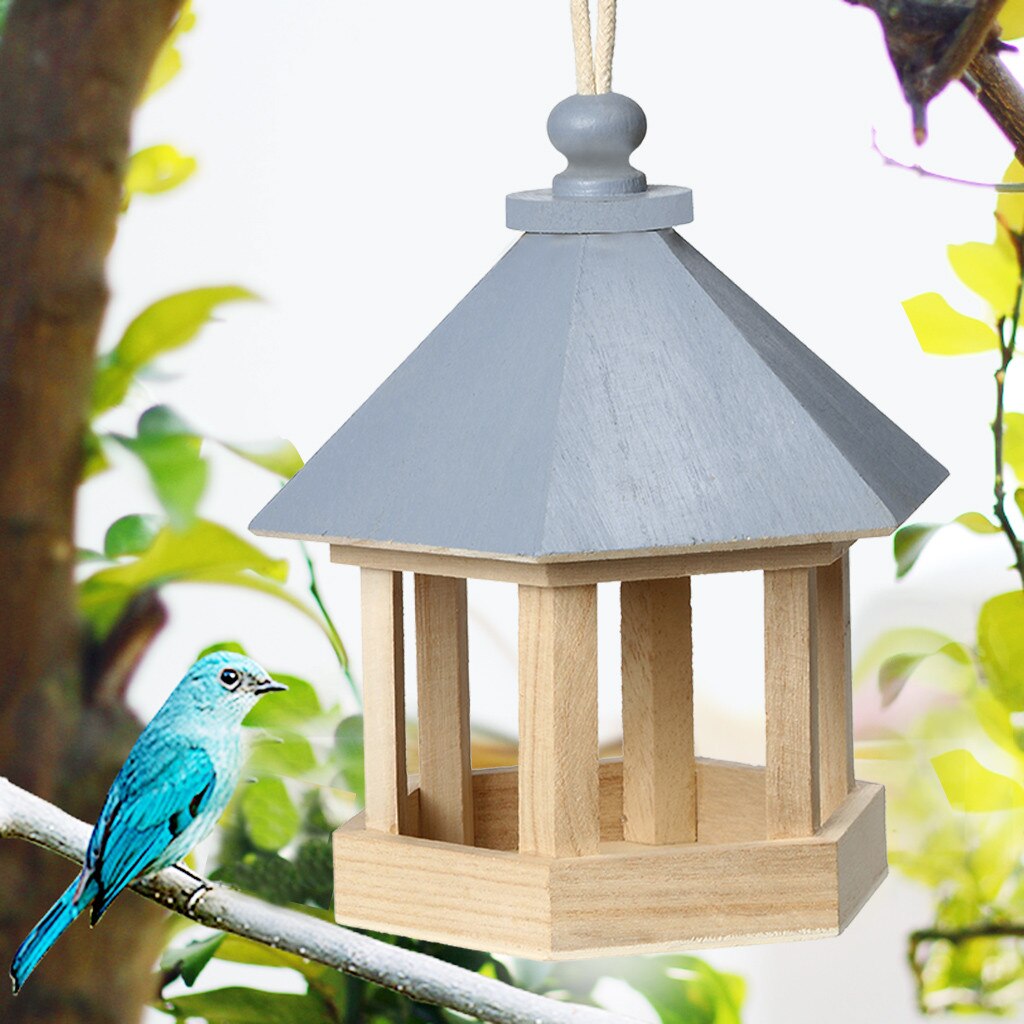 Outdoor Wooden Birds House Shaped Feeder Food Container with Hang Rope for Garden Park Bird Feeder Hotel #w: Blue