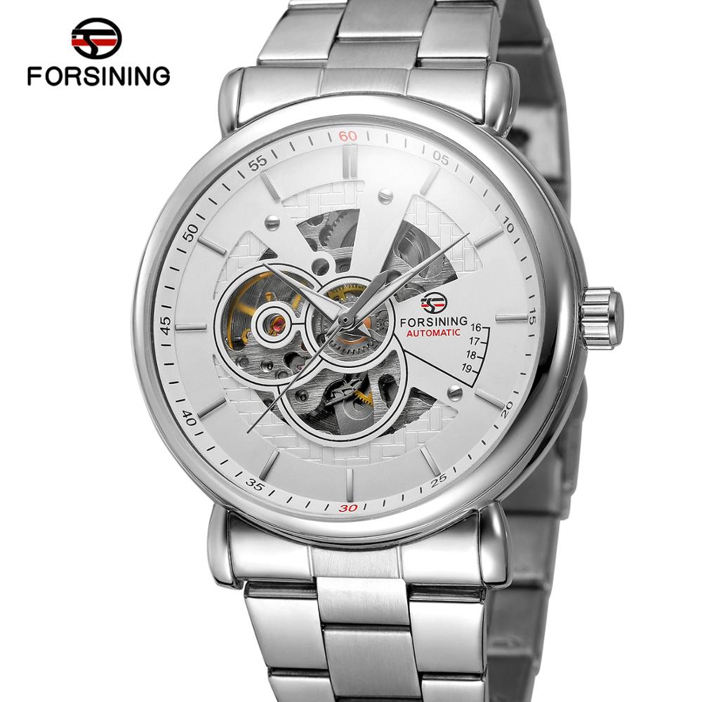 FORSINING Luxe Automatische Mechanische Horloge Goud Stalen Zakelijke Horloges Originele Mannen Horloge Top Klok Mannen Relojes Masculino: SILVER WHITE