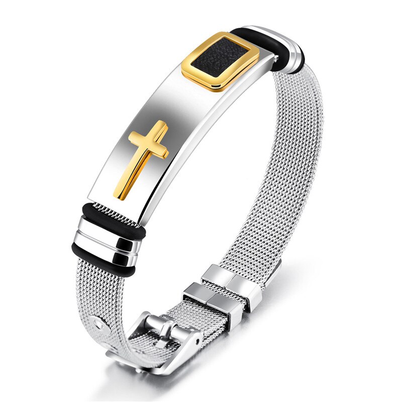 ZORCVENS – ceinture en maille d&#39;acier inoxydable pour hommes, 12mm, Bracelet de montre, croix, breloque, chrétien, fermoir à boucle réglable: 80544